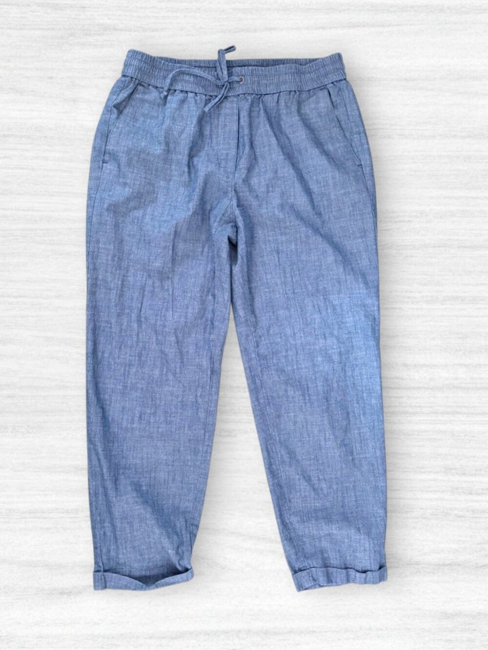 J Crew Chambray Linen Blend Drawstring Ankle Pants Blue Relaxed Cropped Size 6